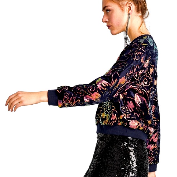 Zara Sweaters Zara Velvet Floral Sequin Embroidered Sweatshirt